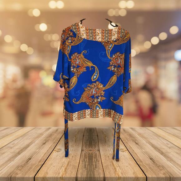 Umgee Blue Print Lightweight Blouse VNeck S Small - Picture 2 of 3